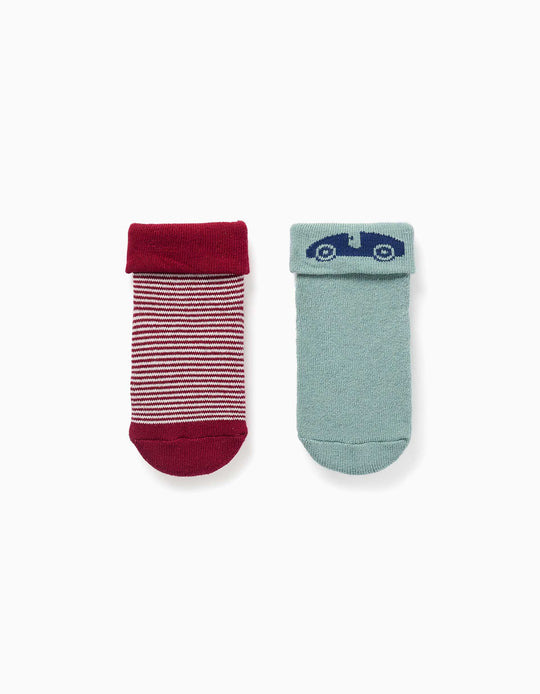 Pack Of 2 Non-Slip Terry Socks For Baby Boys, Light Green/Red