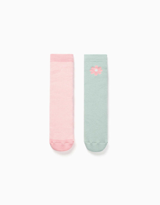 2 Non-Slip Terry Socks With Stripes/Flower For Girls, Pink/Green
