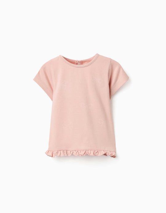 Cotton T Shirt With Print And Ruffled Hem For Baby Girls, Light Pink