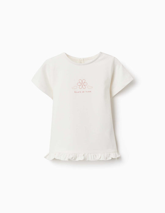 Cotton T Shirt With Print And Ruffled Hem For Baby Girls, White