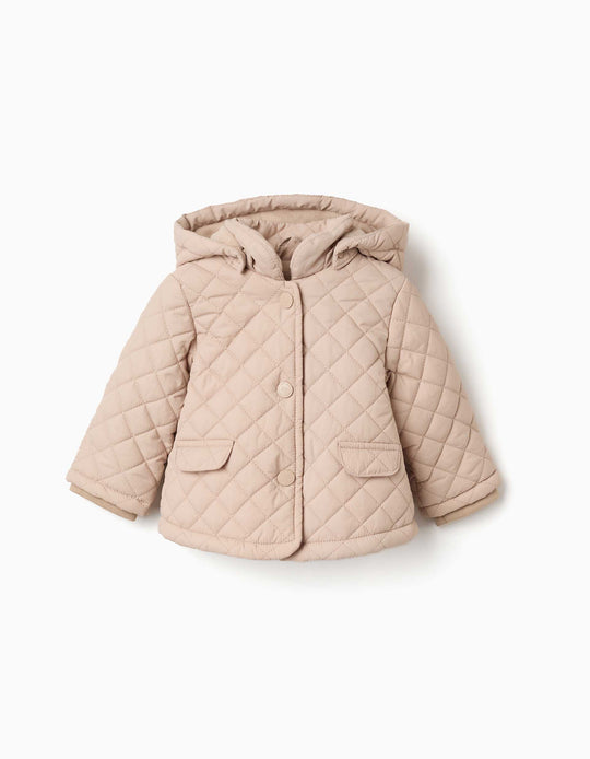 Hooded Quilted Jacket With Polar Fleece Lining For Newborns, Beige