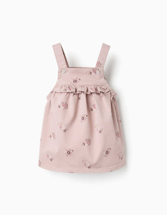 Twill Pinafore Dress With Floral Print For Newborn Girls, Light Pink