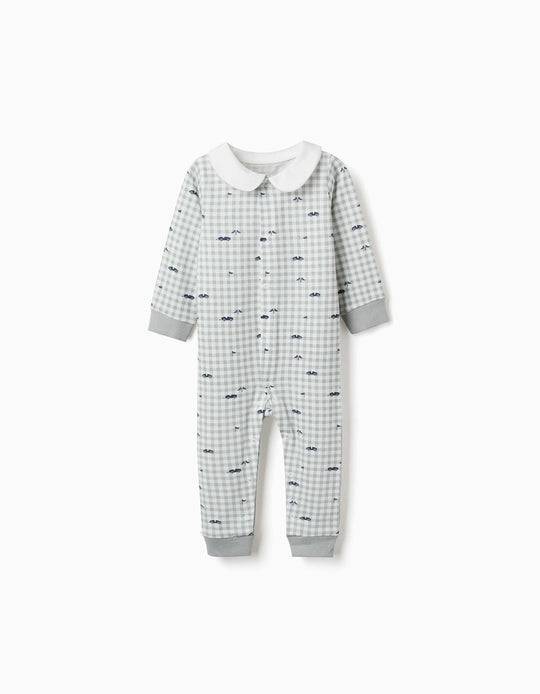 Cotton Gingham Sleepsuit For Newborn And Baby Boys, Light Green/White