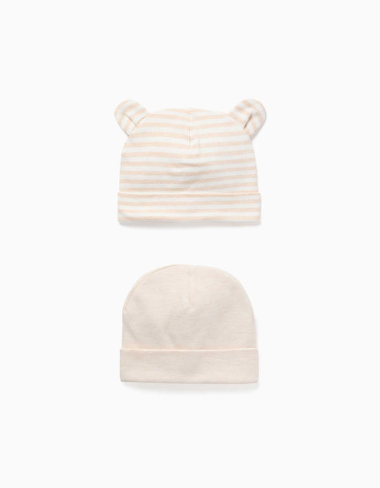 Pack Of 2 Plain/Striped Beanies For Newborns, White/Light Beige
