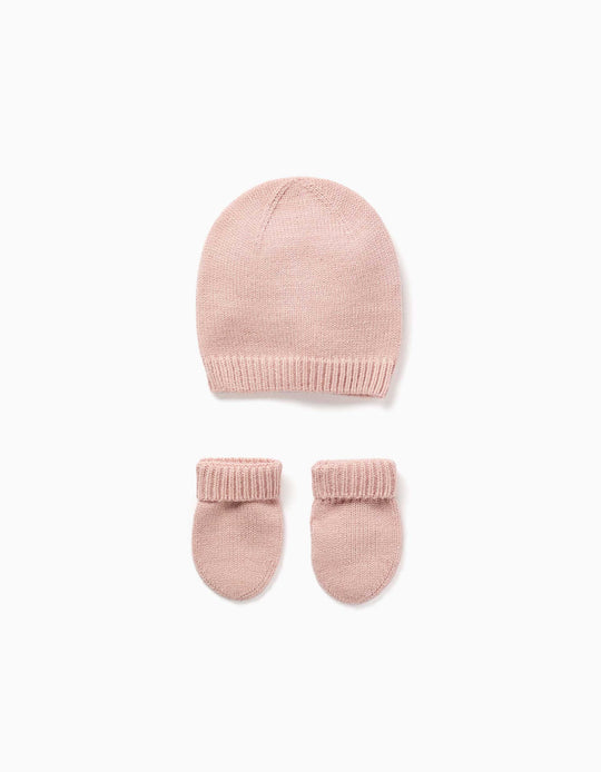 Knitted Beanie + Mittens Set For Newborn Girls, Light Pink