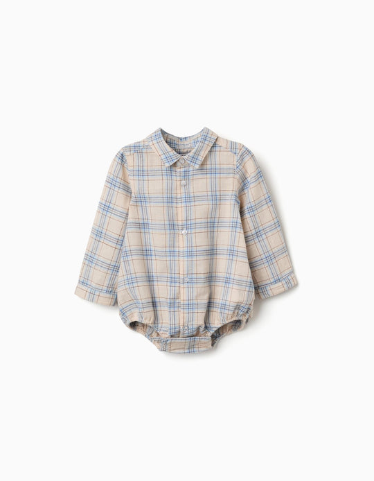 Cotton Body-Shirt With Checkered Pattern For Newborn Boys, Beige