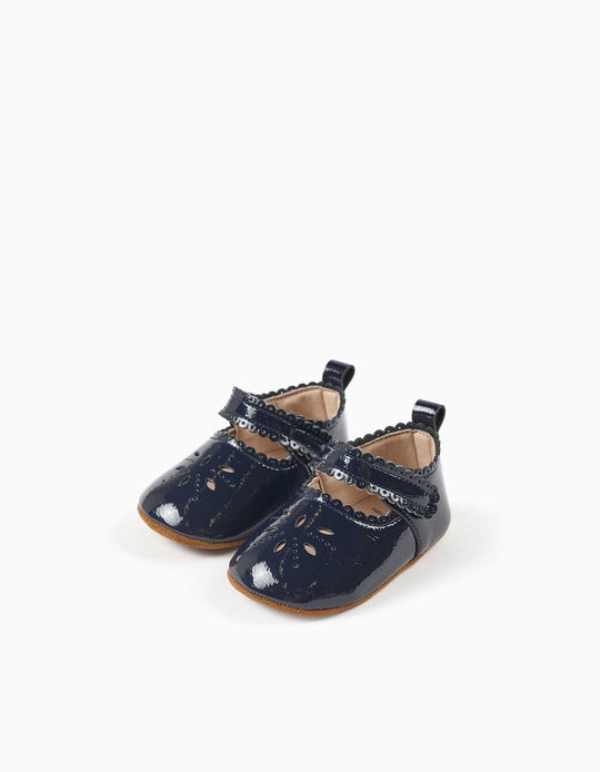 Patent Mary Jane Shoes With A Touch-Fastener For Newborn Girls, Navy Blue