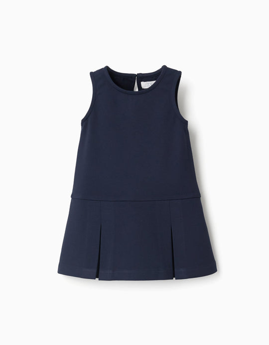 Sleeveless Roma Knit Dress For Baby Girls, Navy Blue