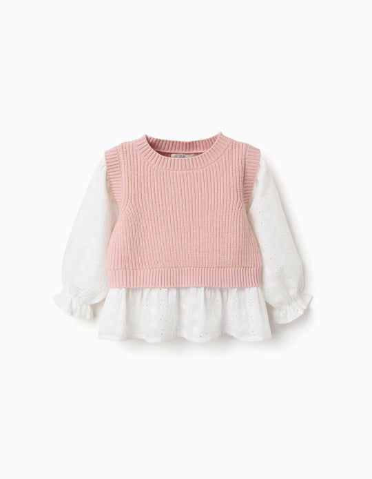 Dual-Fabric Jumper For Baby Girls, White/Light Pink
