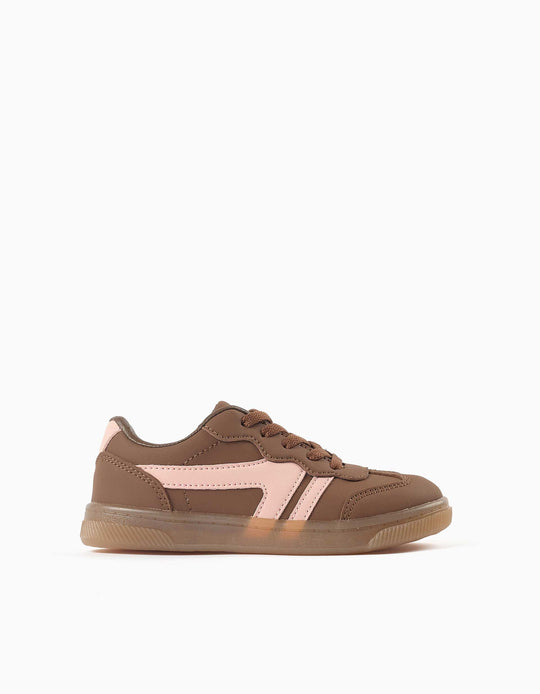 Lace Up Trainers With Non Slip Rubber Sole For Girls, Brown/Pink