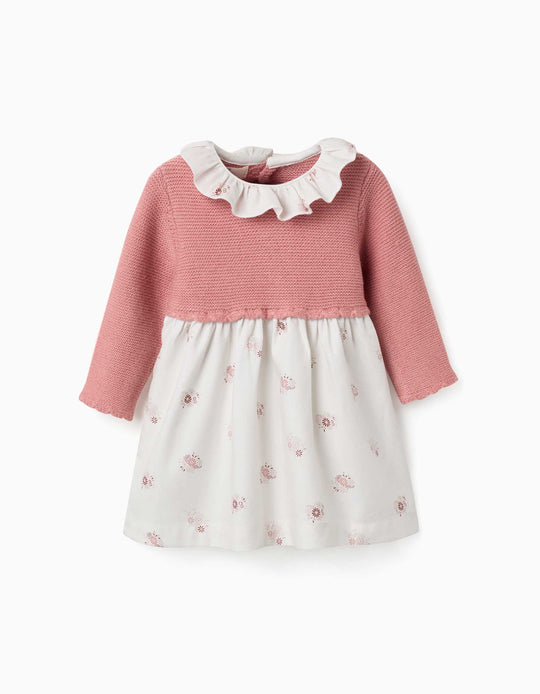 Dual-Fabric Dress With Floral Print For Newborn Girls, Pink/White