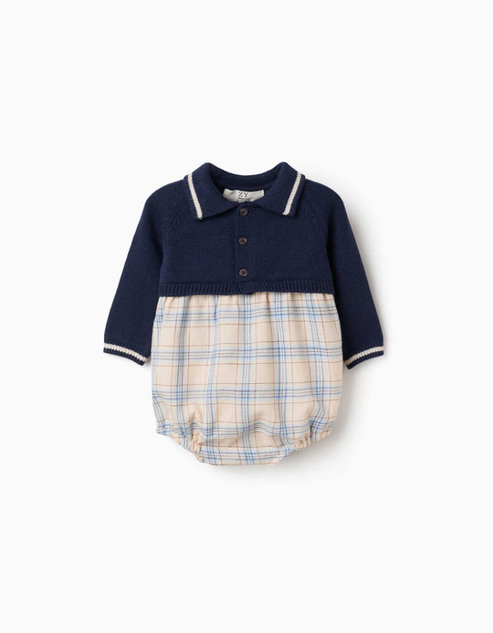 Dual Fabric Romper With Check Pattern For Newborn Boys, Multicolour