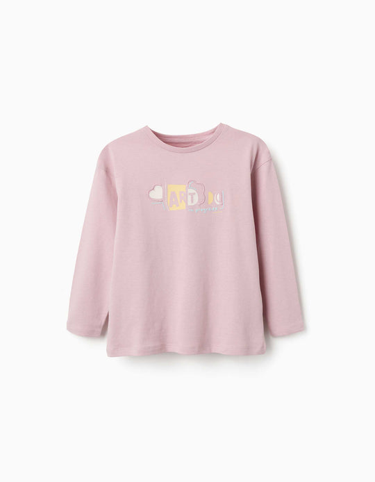 Long Sleeve Cotton T-Shirt With Print And Ruffles For Girls, Lilac