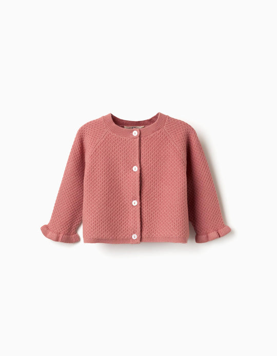 Knitted Cardigan With Ruffled Cuffs For Newborn Girls, Pink