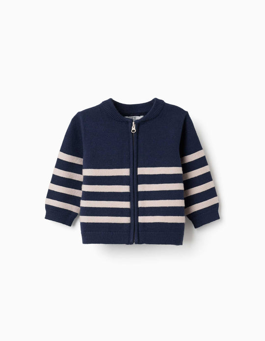 Striped Knitted Cardigan For Newborn Boys, Navy Blue/Beige