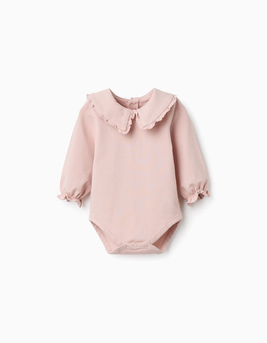 Long Sleeve Cotton Bodysuit With Ruffles For Newborn Girls, Light Pink
