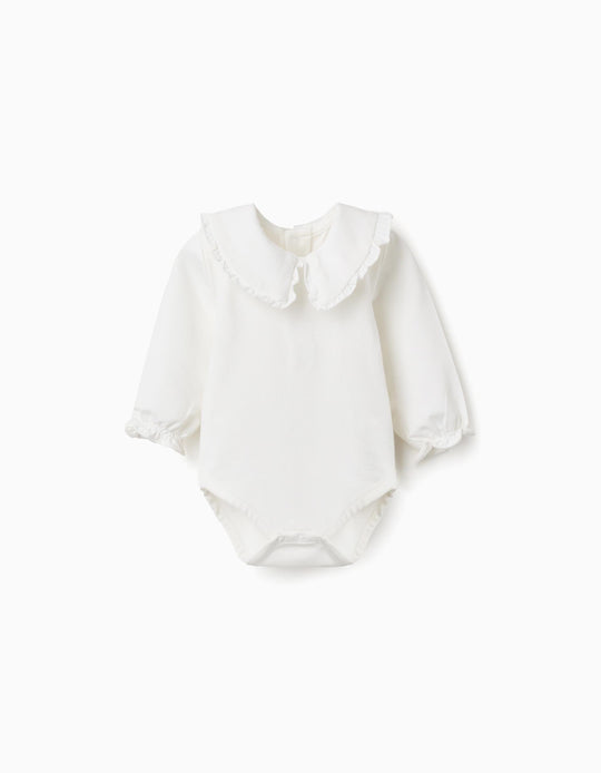 Long Sleeve Cotton Bodysuit With Ruffles For Newborn Girls, White