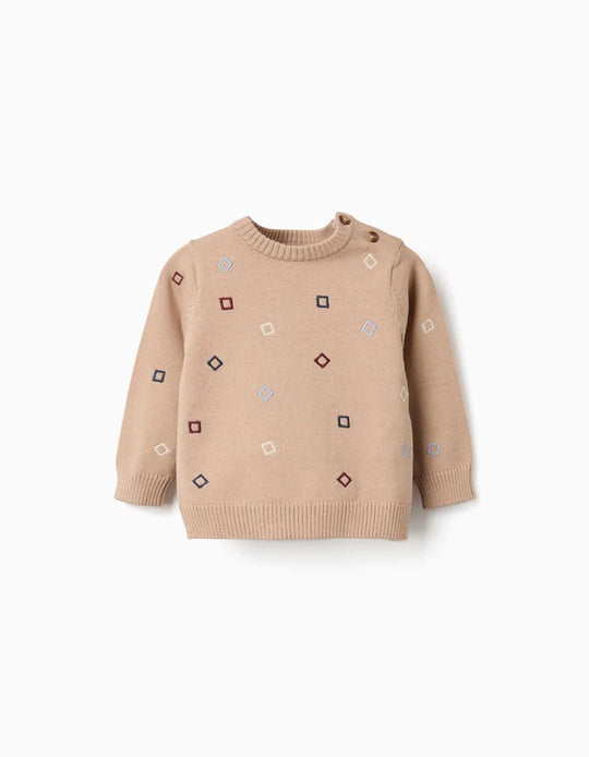 Knitted Jumper With Embroidered Squares For Newborn Boys, Beige