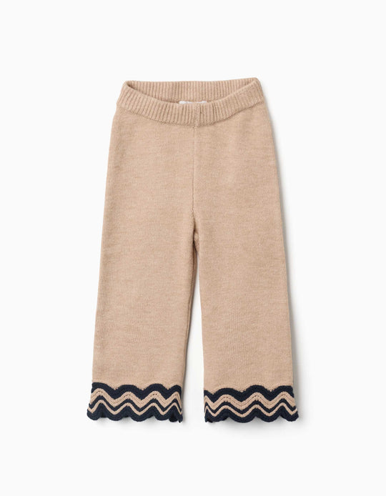 Knitted Trousers With Striped Hem For Baby Girls, Beige/Navy Blue