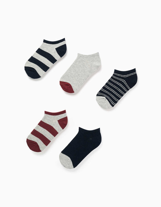 Pack Of 5 Pairs Of Ankle Socks For Boys, Light Grey/Blue/Brown