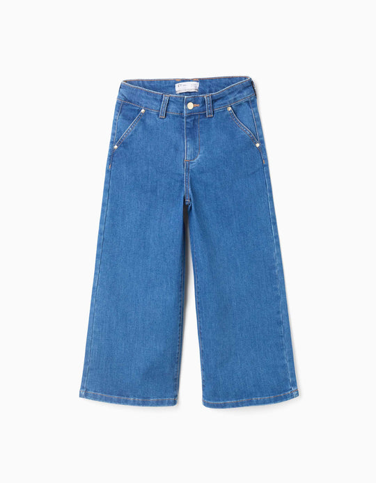 Wide Leg Jeans With Front And Back Pockets For Girls, Blue