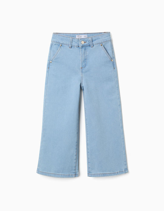 Wide Leg Jeans With Front And Back Pockets For Girls, Light Blue