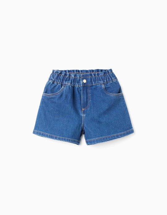 Denim Shorts With Paperbag Waistband For Girls, Blue