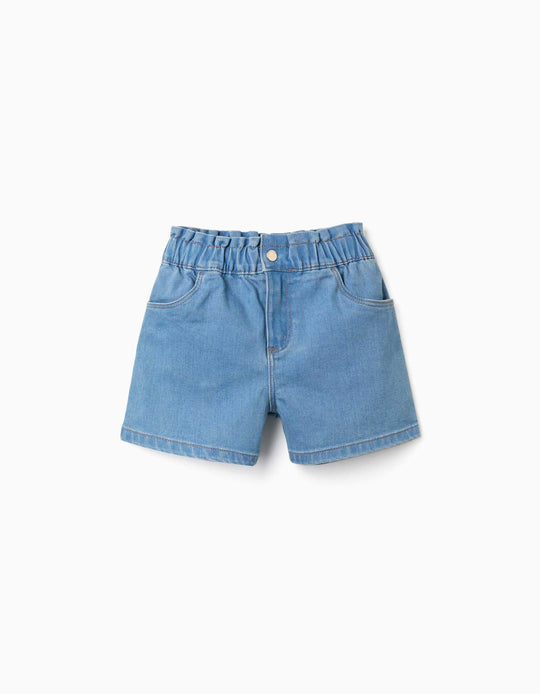 Denim Shorts With Paperbag Waistband For Girls, Light Blue