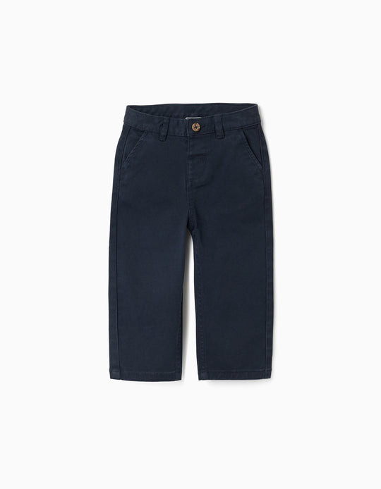 Slim Twill Chino Trousers With Pockets For Baby Boys, Dark Blue