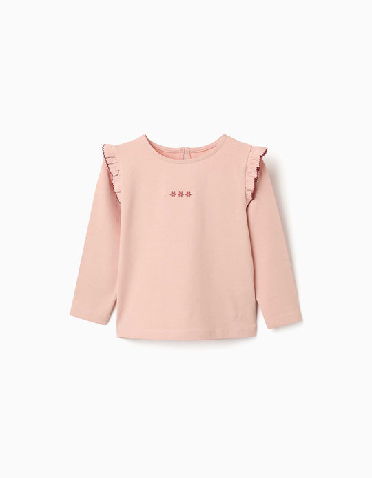 Long Sleeve T-Shirt With Ruffles And Embroidery For Girls, Light Pink