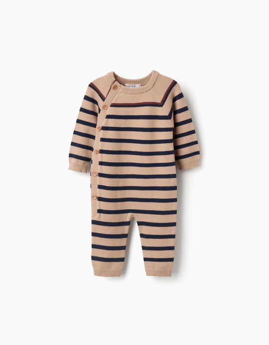 Knitted Jumpsuit With Stripes For Newborn Boys, Beige/Navy Blue