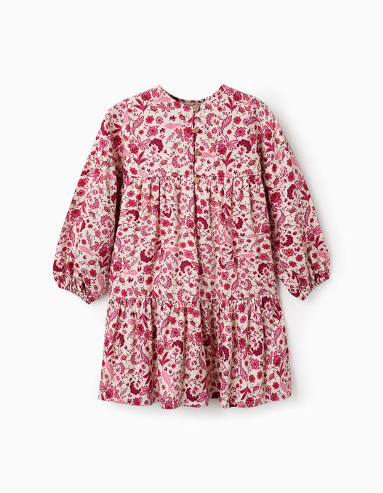 فستان مزهر للبنات باللون الوردي/البيج