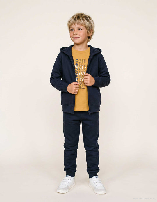 3 Piece Cotton Jogging Set For Boys, Navy Blue/Yellow