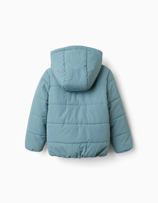 Hooded Puffer Jacket With Polar Fleece Lining For Girls, Blue-Green