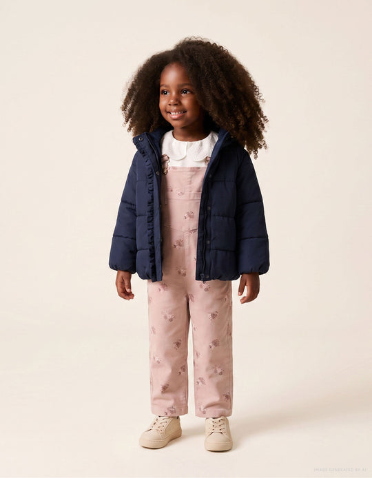 Hooded Puffer Jacket With Polar Fleece Lining For Baby Girls, Navy Blue
