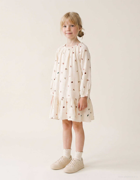 Long Sleeve Cotton Dress With Floral Embroidery For Girls, White