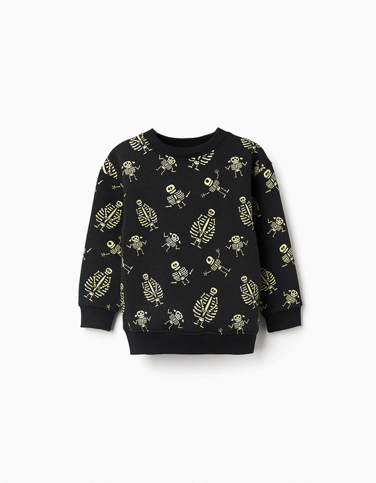 Brushed sweatshirt with glow-in-the-dark motif for boys, black