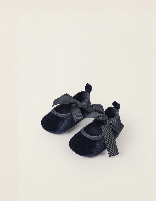 Velours Ballerina Flats for Newborn Girls, Dark Blue