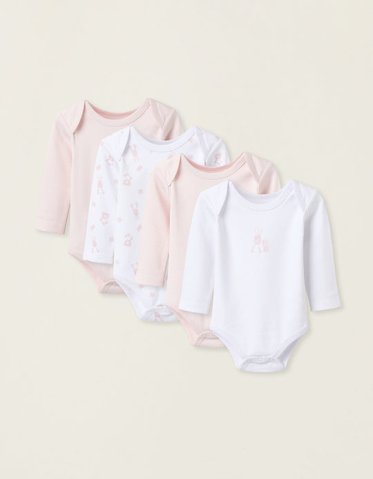 عبوة من 4 بدلات بأكمام طويلة للفتيات الصغيرات "أرنب" باللونين الأبيض والوردي