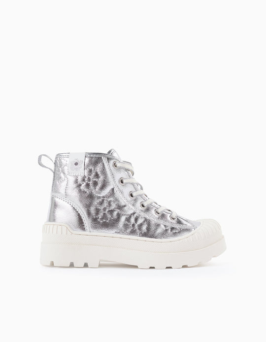 أحذية رياضية لامعة للفتيات "زهور"، فضي