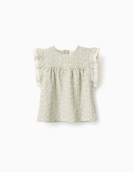 قمة بنقشة الكاروهات مع تطريز للفتيات الصغيرات، أخضر/أبيض