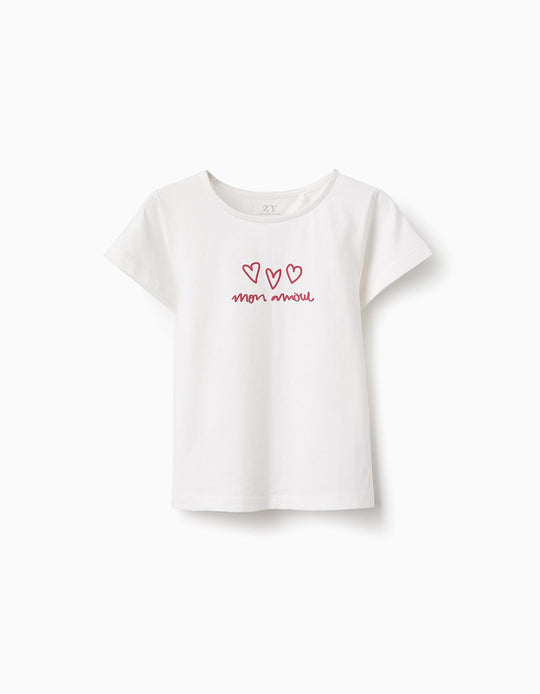 Cotton Printed T-shirt for Girls, White/Red