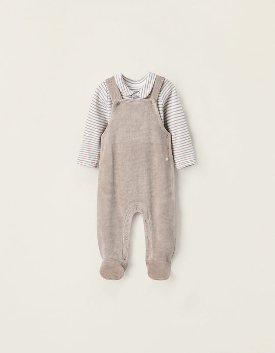 Bodysuit + Velours Jumpsuit for Newborn Boys, Beige/White