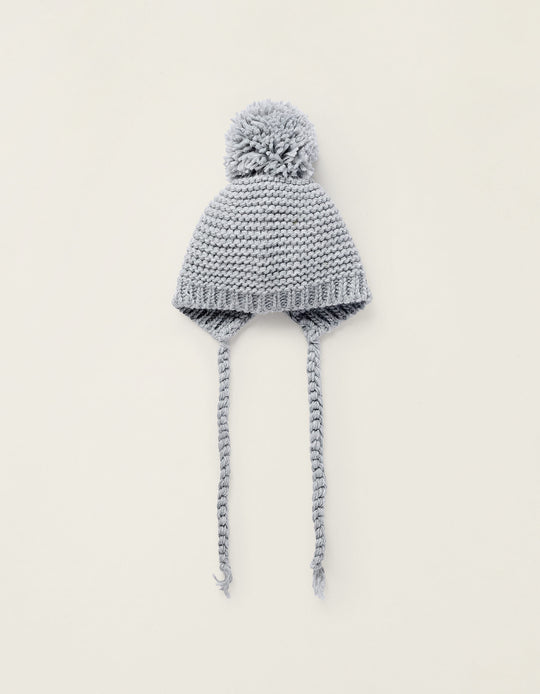 Knit Beanie with Pompom for Newborns, Grey