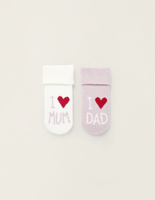 Pack of 2 Pairs of Thick Socks for Newborns and Babies, White/Pink