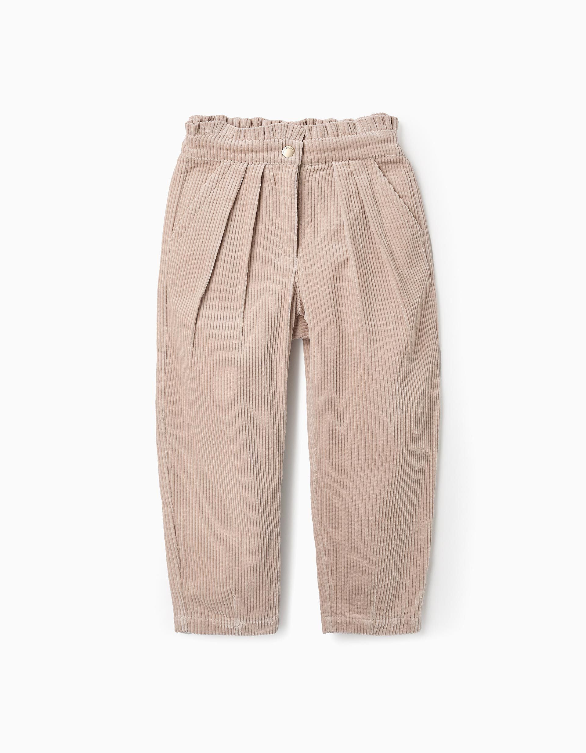 Paperbag Corduroy Trousers for Girls, Beige | Saudi Arabia