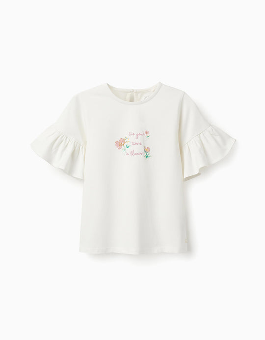 تيشيرت بأكمام كشكشة للفتيات، أبيض